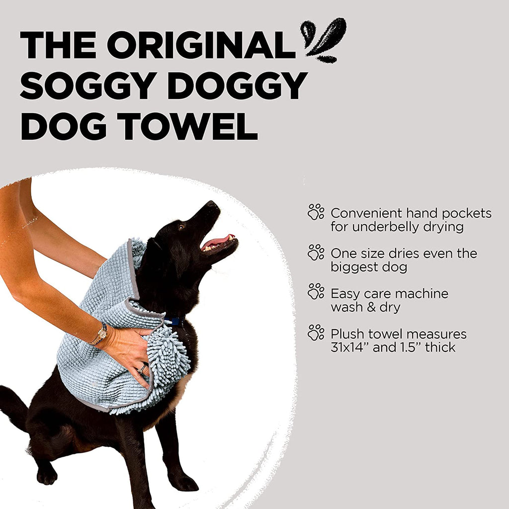 Soggy Doggy Super Shammy Towel - Ultra-Absorbent Microfiber Chenille Dog Drying Towel with Hand Pockets - Fast Drying & Easy Cleaning (Gray, 31” X 14”)