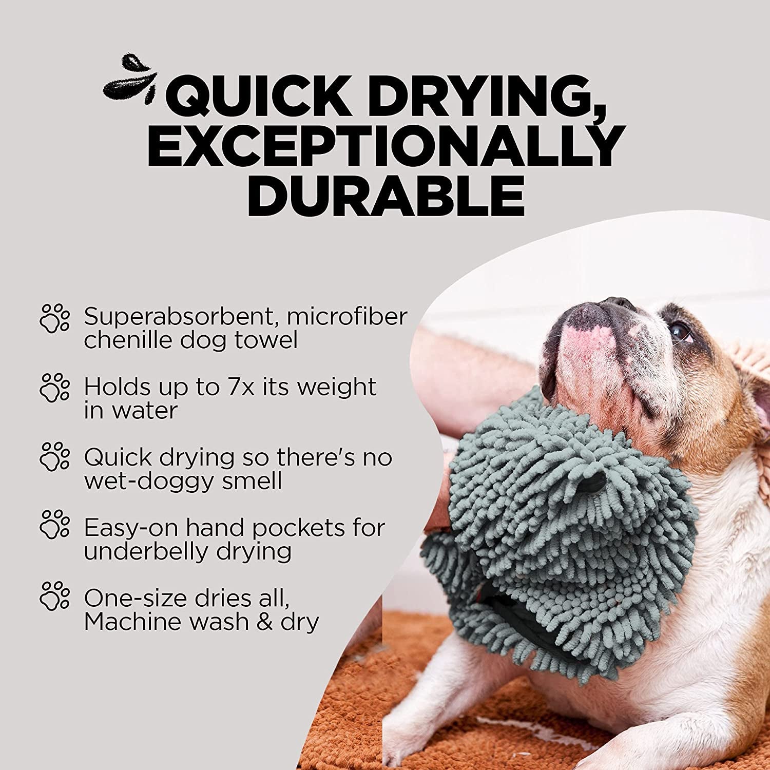 Soggy Doggy Super Shammy Towel - Ultra-Absorbent Microfiber Chenille Dog Drying Towel with Hand Pockets - Fast Drying & Easy Cleaning (Gray, 31” X 14”)